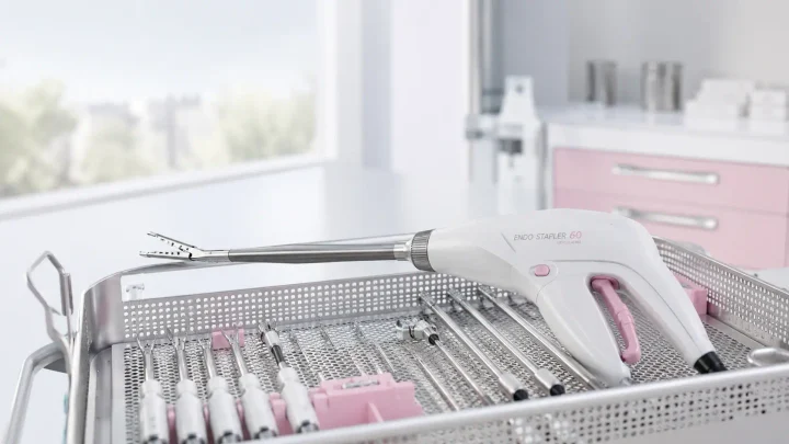 Sterile clinical instrument tray with stapler-style instrument